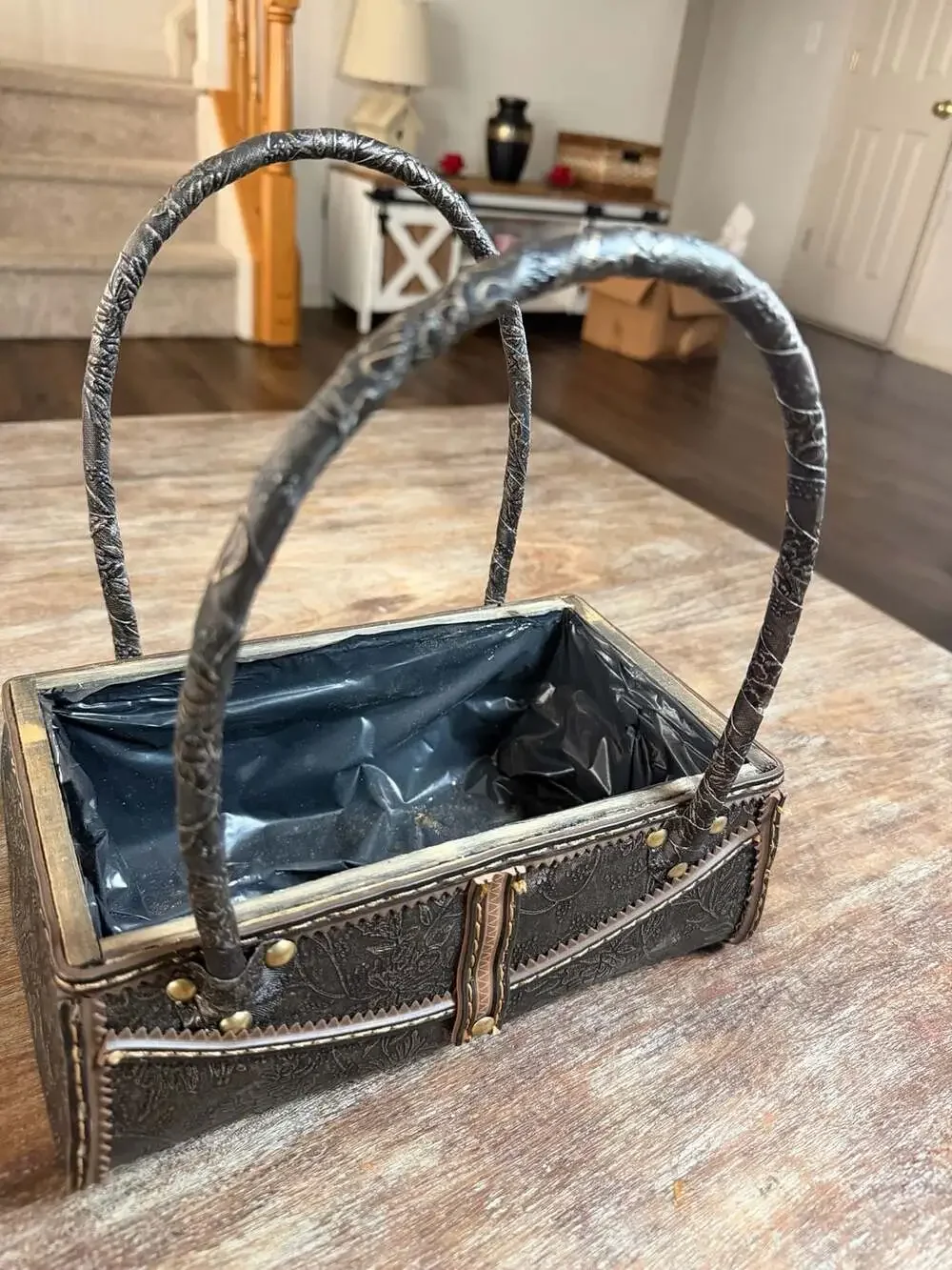 Faux Leather Embossed Floral Purse Style Decorative Planter Basket